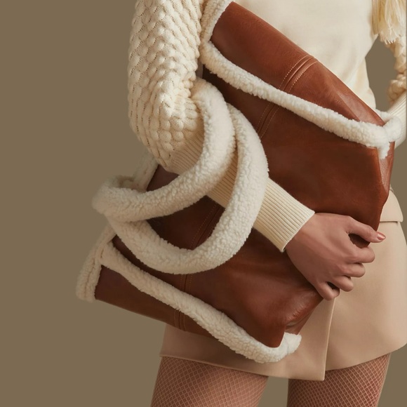 Anthropologie Handbags - ANTHROPOLOGIE vegan leather faux Sherpa brown trim book travel school tote bag